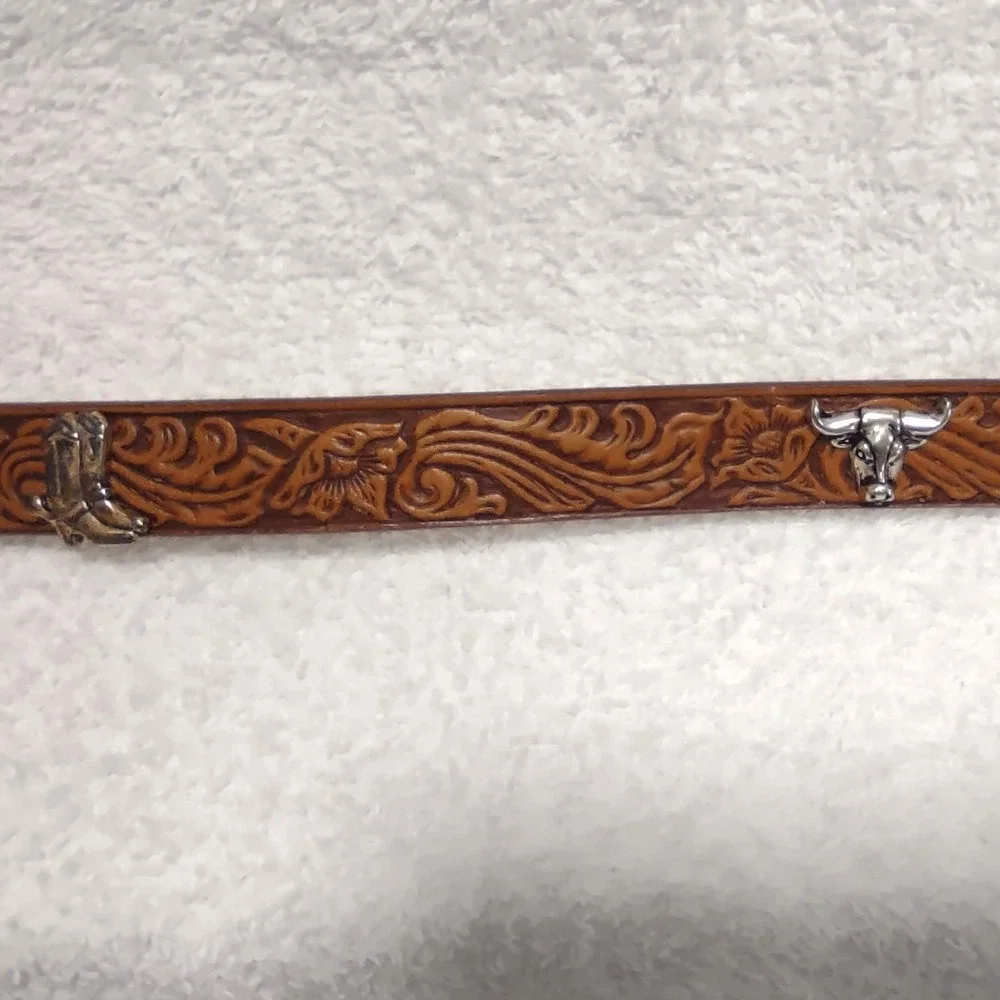 Justin Western Leather Belt Silver Bull Boot Horseshoe Buckle Tooling Size 32